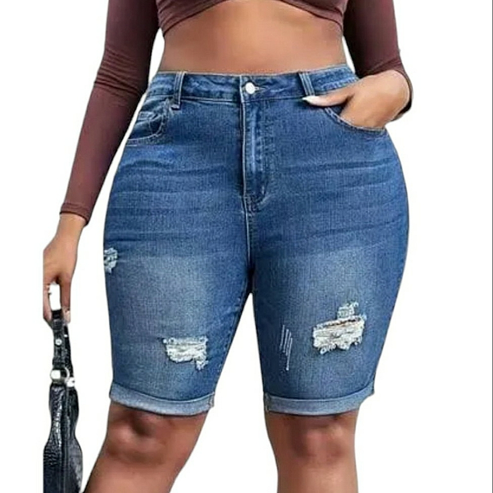 Crystal Vogue High Waisted Distressed Rolled Cuff Long Bermuda Jean Shorts 16